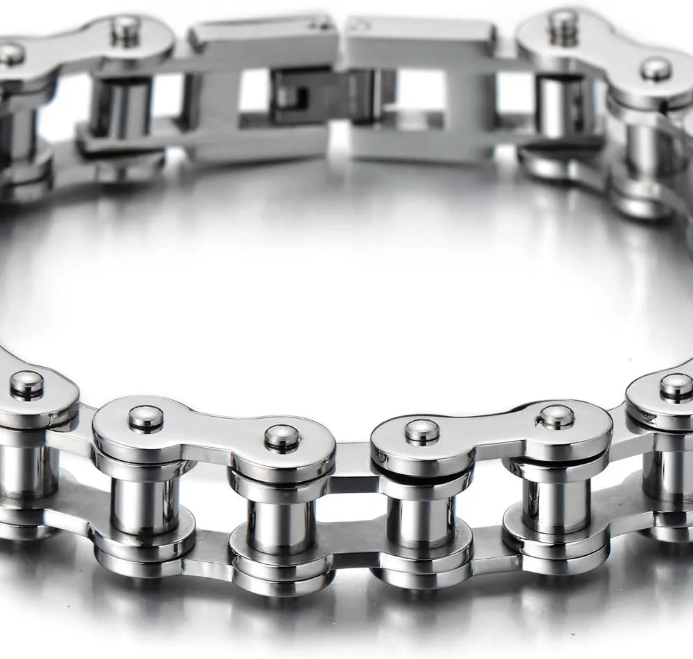 COOLSTEELANDBEYOND Classic Mens Bike Chain Bracelet Stainless Steel Silver Color Polished