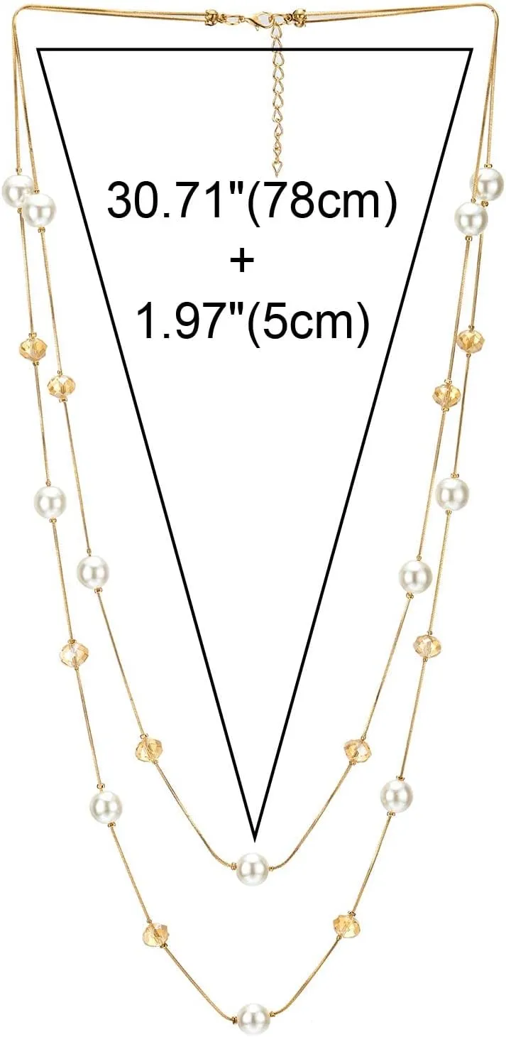 COOLSTEELANDBEYOND Gold Red Statement Necklace Two-Strand Long Chains with Red Crystal Beads Charms, Fashionable, Dress