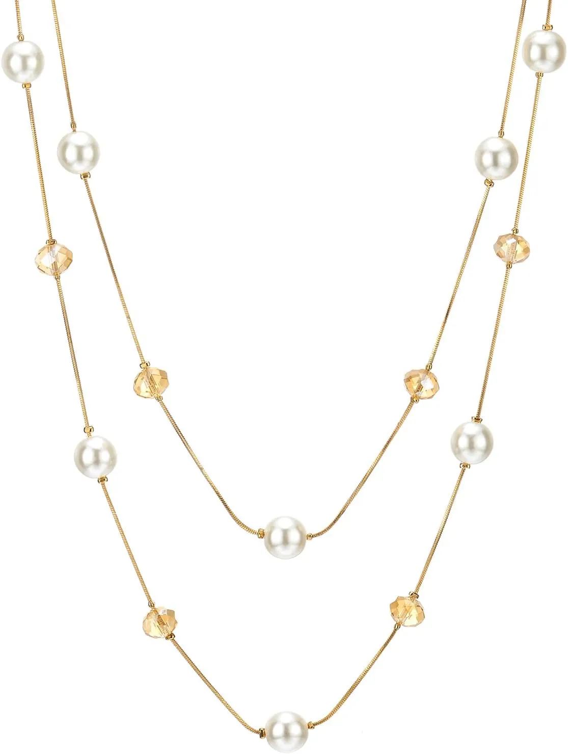 COOLSTEELANDBEYOND Gold Red Statement Necklace Two-Strand Long Chains with Red Crystal Beads Charms, Fashionable, Dress