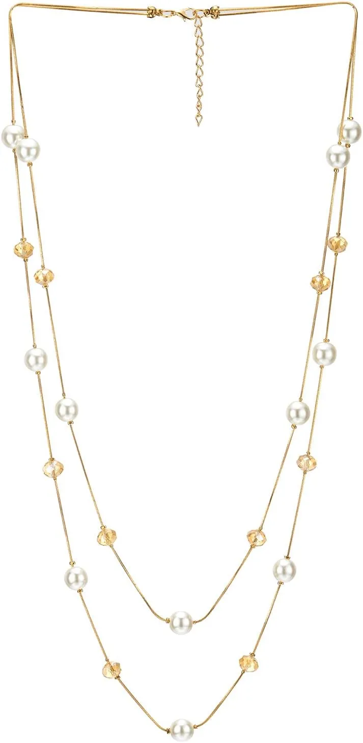 COOLSTEELANDBEYOND Gold Red Statement Necklace Two-Strand Long Chains with Red Crystal Beads Charms, Fashionable, Dress