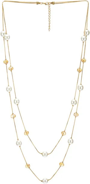 COOLSTEELANDBEYOND Gold Red Statement Necklace Two-Strand Long Chains with Red Crystal Beads Charms, Fashionable, Dress