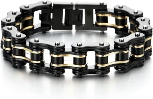 COOLSTEELANDBEYOND Masculine Mens Bike Chain Bracelet of Stainless Steel Two-Tone Polished