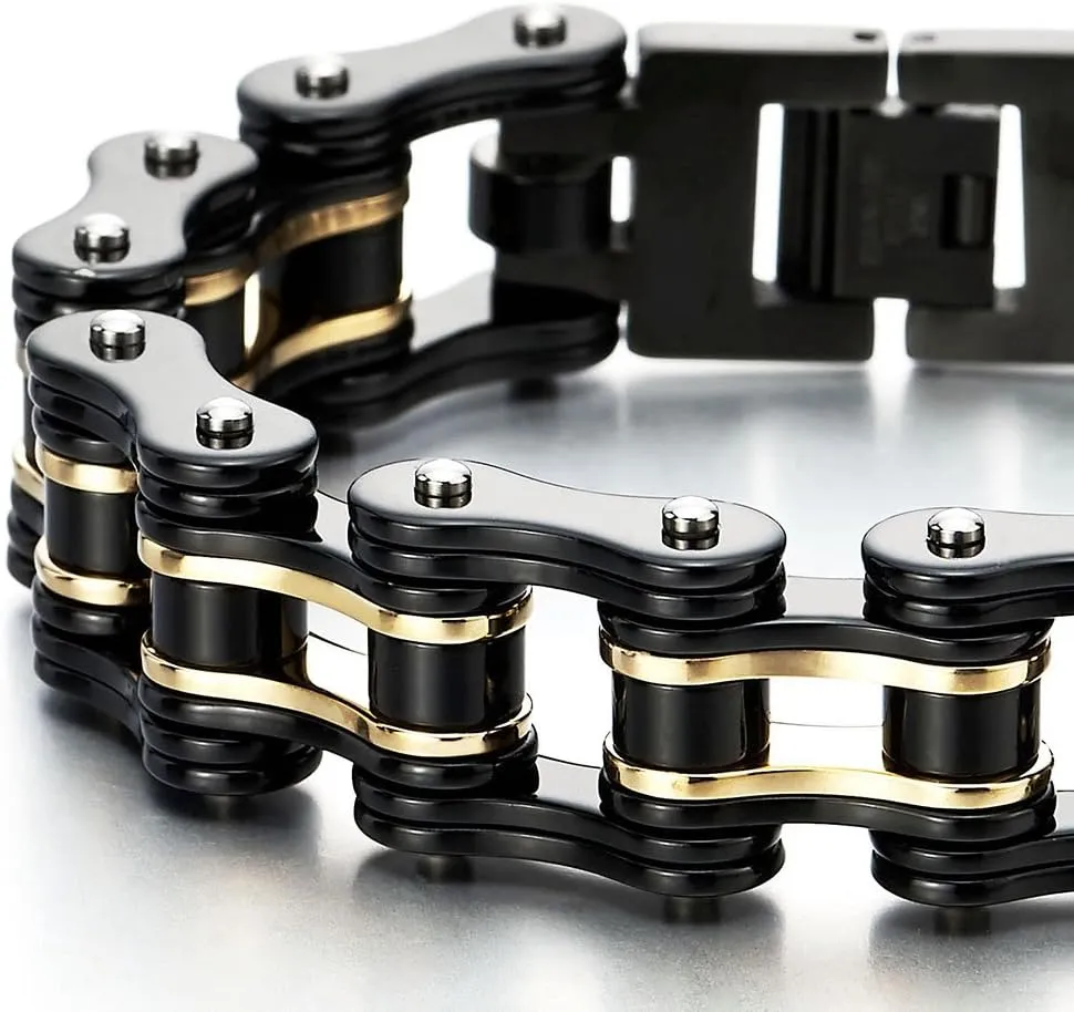 COOLSTEELANDBEYOND Masculine Mens Bike Chain Bracelet of Stainless Steel Two-Tone Polished