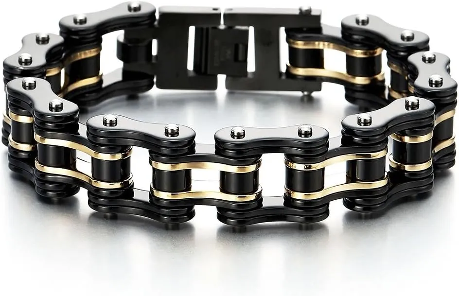 COOLSTEELANDBEYOND Masculine Mens Bike Chain Bracelet of Stainless Steel Two-Tone Polished