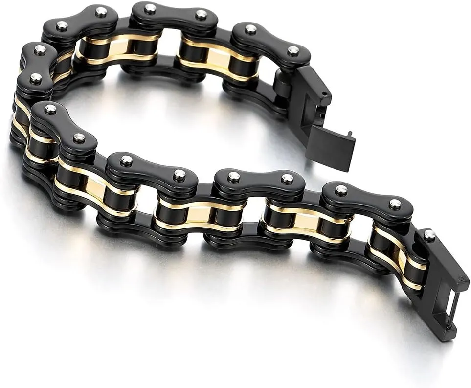 COOLSTEELANDBEYOND Masculine Mens Bike Chain Bracelet of Stainless Steel Two-Tone Polished