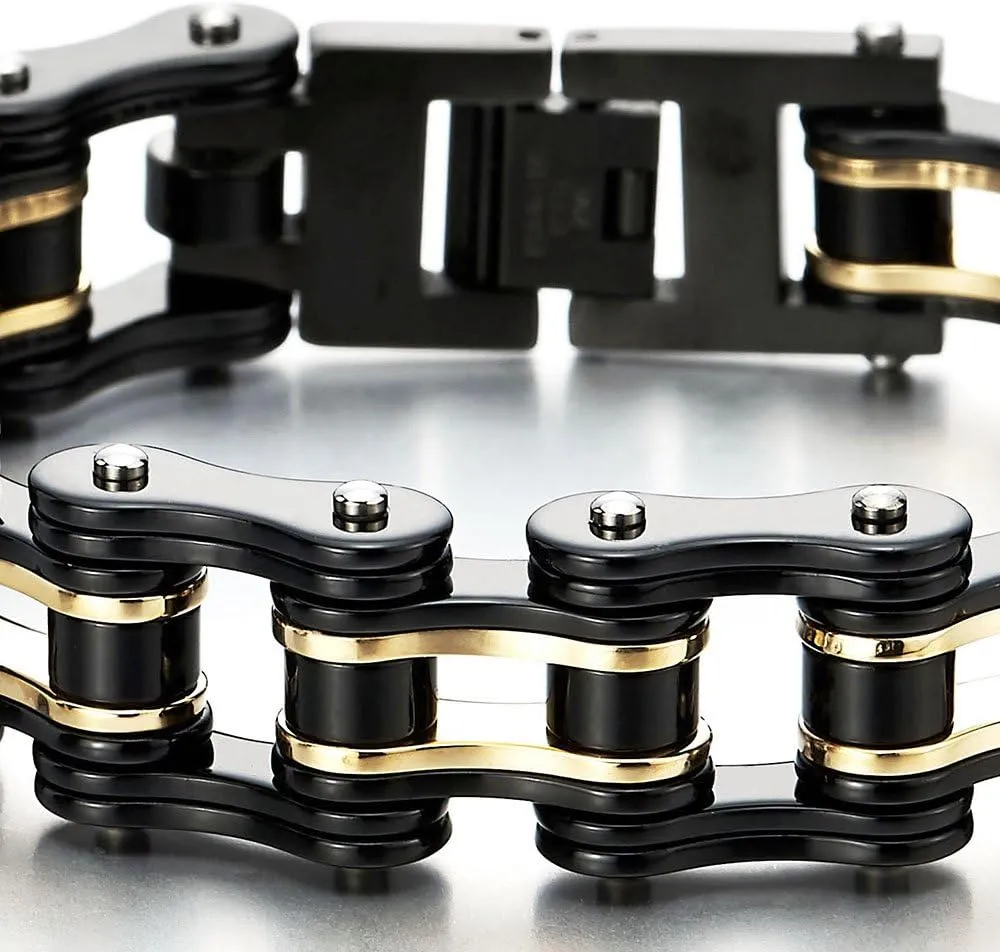 COOLSTEELANDBEYOND Masculine Mens Bike Chain Bracelet of Stainless Steel Two-Tone Polished
