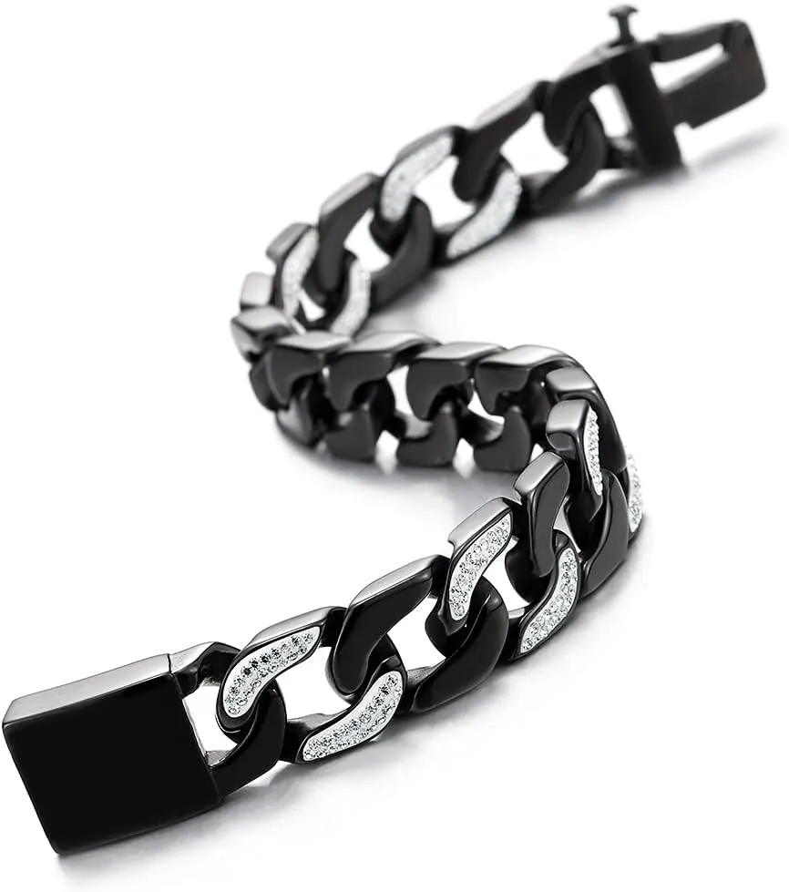 COOLSTEELANDBEYOND Men's Stainless Steel Curb Chain Bracelet High Polished with Cubic Zirconia