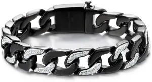 COOLSTEELANDBEYOND Men's Stainless Steel Curb Chain Bracelet High Polished with Cubic Zirconia