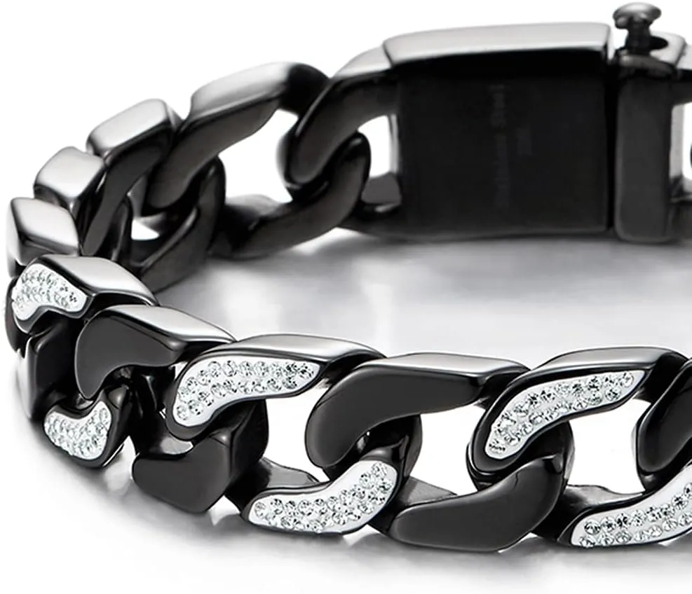 COOLSTEELANDBEYOND Men's Stainless Steel Curb Chain Bracelet High Polished with Cubic Zirconia