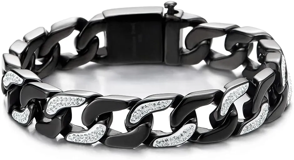 COOLSTEELANDBEYOND Men's Stainless Steel Curb Chain Bracelet High Polished with Cubic Zirconia