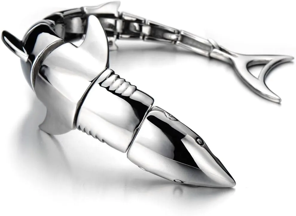 COOLSTEELANDBEYOND Mens Stainless Steel Large Shark Bangle Bracelet Silver Color Polished