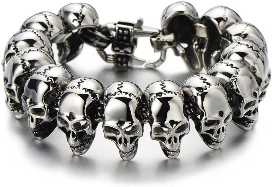 COOLSTEELANDBEYOND Mens Stainless Steel Large Skull Link Bracelet Biker Gothic Style High Polished
