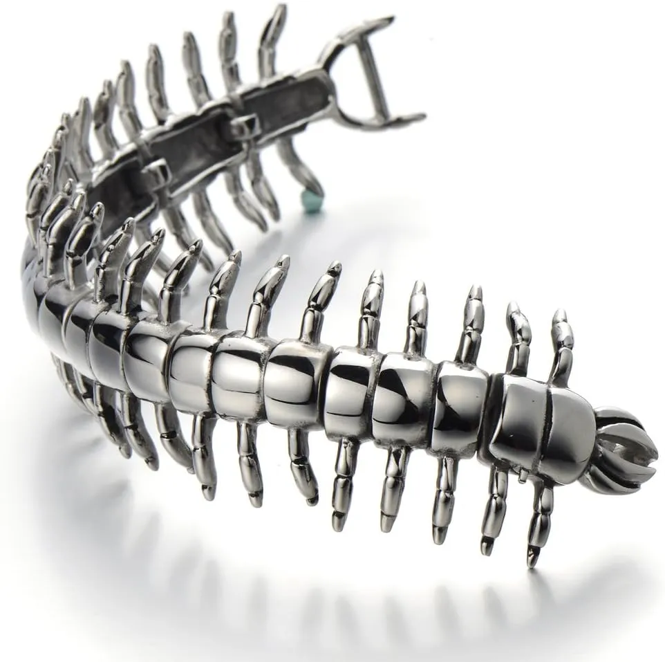 COOLSTEELANDBEYOND Stainless Steel Large Centipede Bangle Bracelet Silver Color Polished Mens