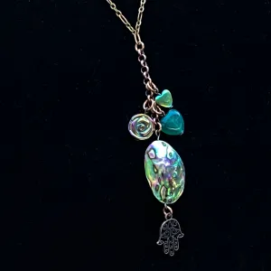 Copper, Abalone shell, Green Onyx gemstone and Hematite Hamsa necklace