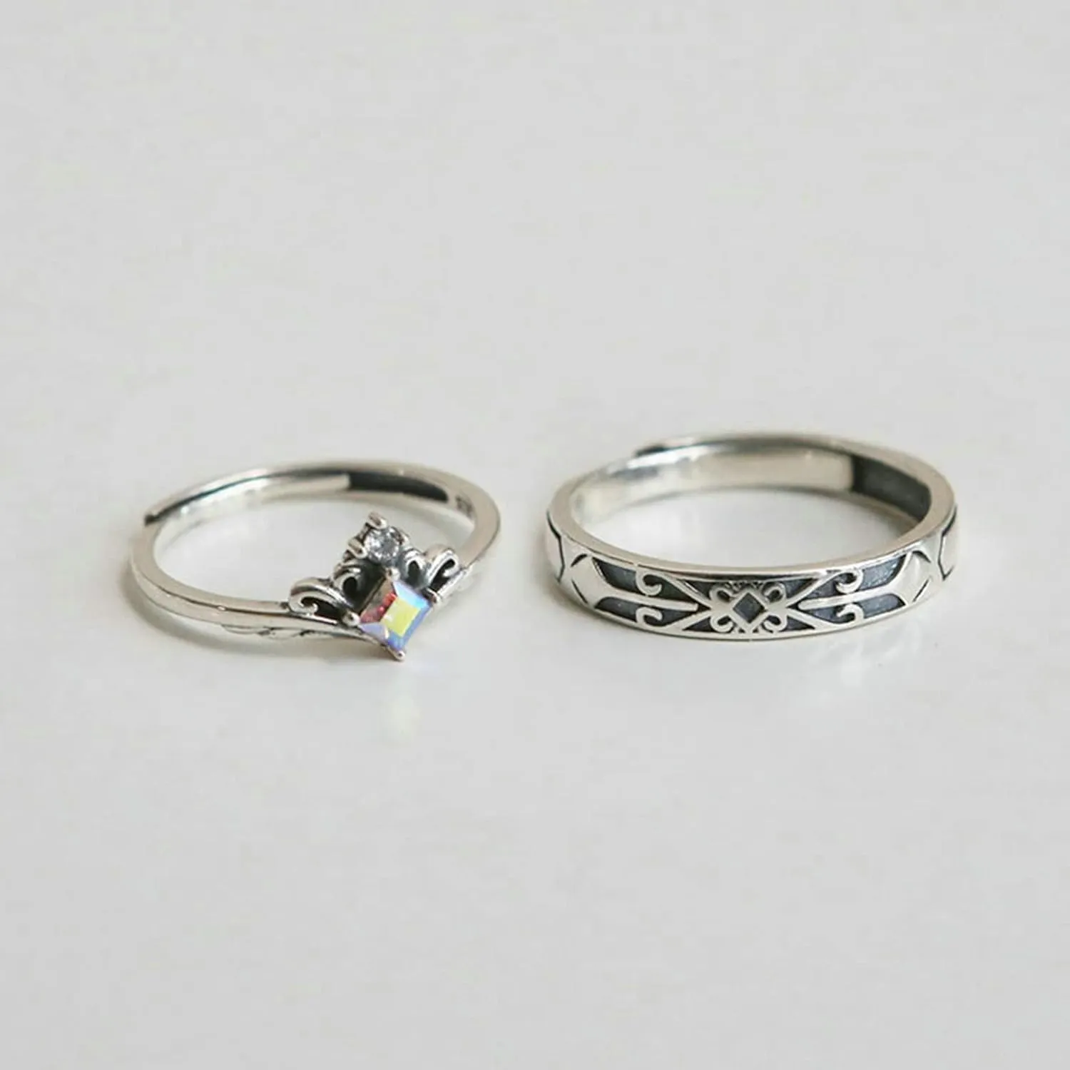 Couple Promise Rings for Him and Her Sets, Couple Rings Sterling Silver Crown Cubic Zirconia Adjustable Wedding Anniversary Rings