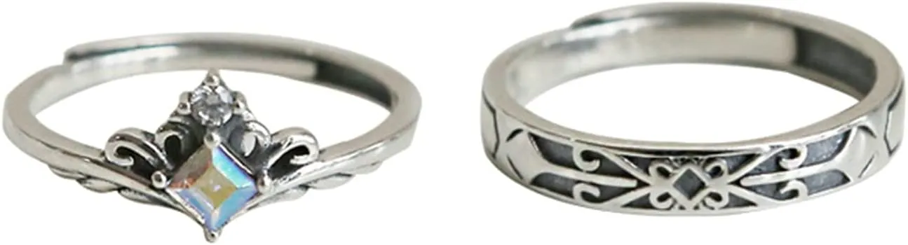 Couple Promise Rings for Him and Her Sets, Couple Rings Sterling Silver Crown Cubic Zirconia Adjustable Wedding Anniversary Rings