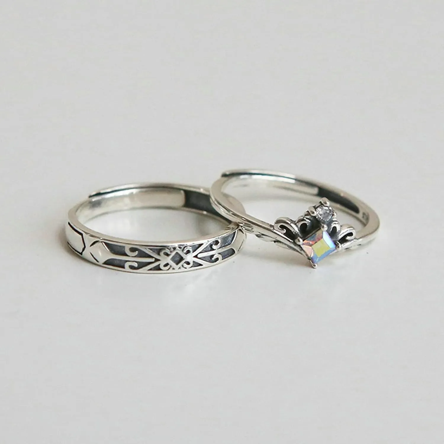Couple Promise Rings for Him and Her Sets, Couple Rings Sterling Silver Crown Cubic Zirconia Adjustable Wedding Anniversary Rings