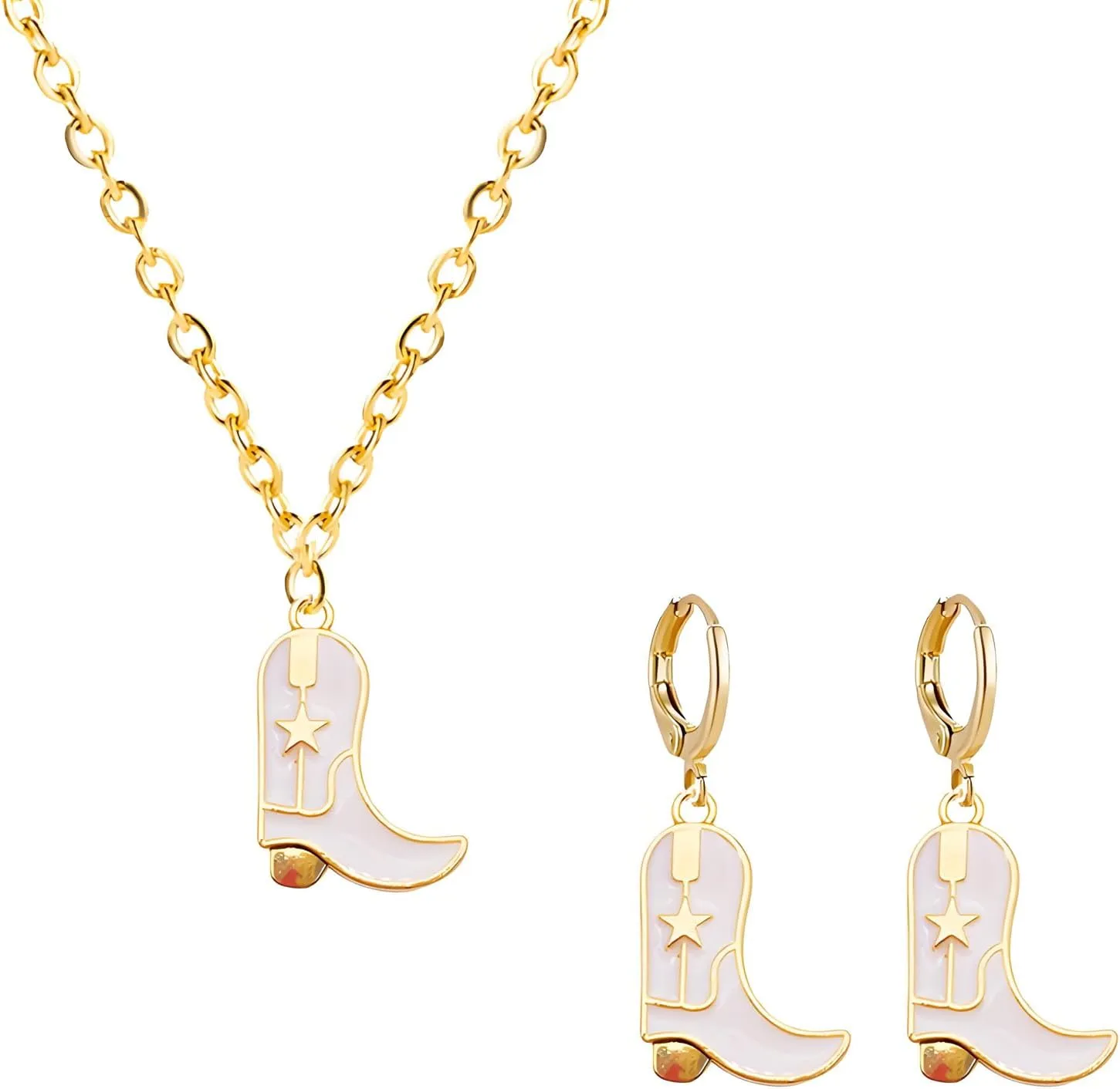 Cowgirl Boot Earrings and Necklace Set for Women Funny Fashion Western Cowboy Boots Chain Necklace 14K Gold Plated Country Cowgirl Boot Hoop Earrings Western Style Jewelry Gift