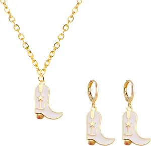 Cowgirl Boot Earrings and Necklace Set for Women Funny Fashion Western Cowboy Boots Chain Necklace 14K Gold Plated Country Cowgirl Boot Hoop Earrings Western Style Jewelry Gift