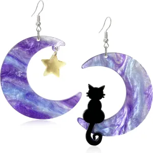 Creative Cute Big Acrylic Black Cat on the Purple Moon Dangle Drop Earrings Dainty Chic Lovely Animal Moon Star Hook Earrings for Women Statement Jewelry