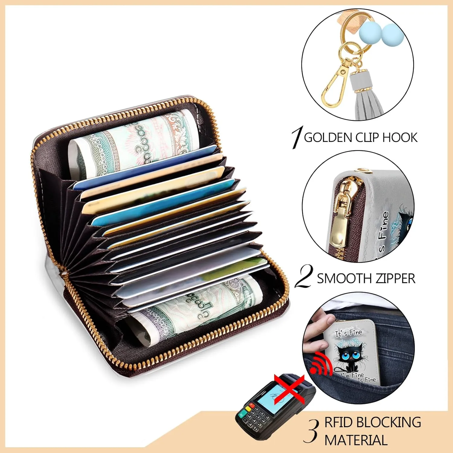 Credit Card Holder RFID Wallet, Small Card Holder Wallet for Women with Keychain Zipper, Funny Leather Print Credit Card Wallets Accordion Gift