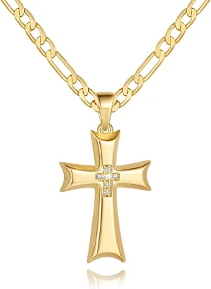 Cross Necklace 14K Gold Cross Necklace for Men Cubic Zirconia Center Mariner Gold Chain Necklaces for Mens Dainty Pendant 20/22/24in