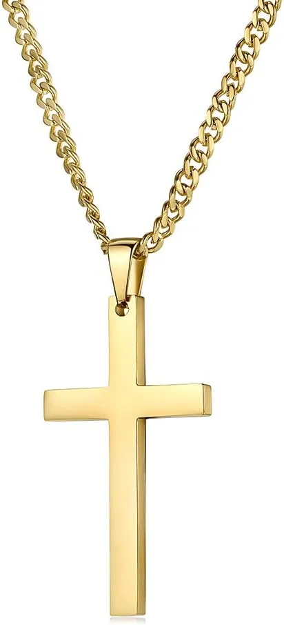 Cross Necklace for Men, Gold Stainless Steel Mens Cross Pendant Necklaces, Curb Chain