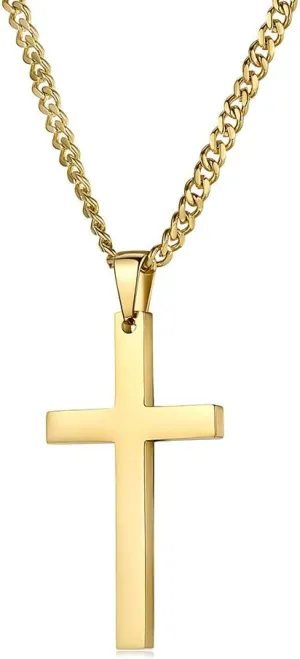 Cross Necklace for Men, Gold Stainless Steel Mens Cross Pendant Necklaces, Curb Chain