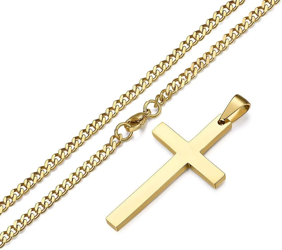Cross Necklace for Men, Gold Stainless Steel Mens Cross Pendant Necklaces, Curb Chain