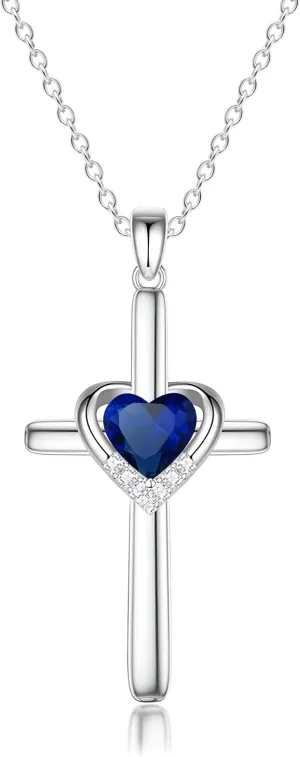 Cross Necklace with Genuine Heart Birthstone for Women, Love and Faith, Birthday Gifts for Her