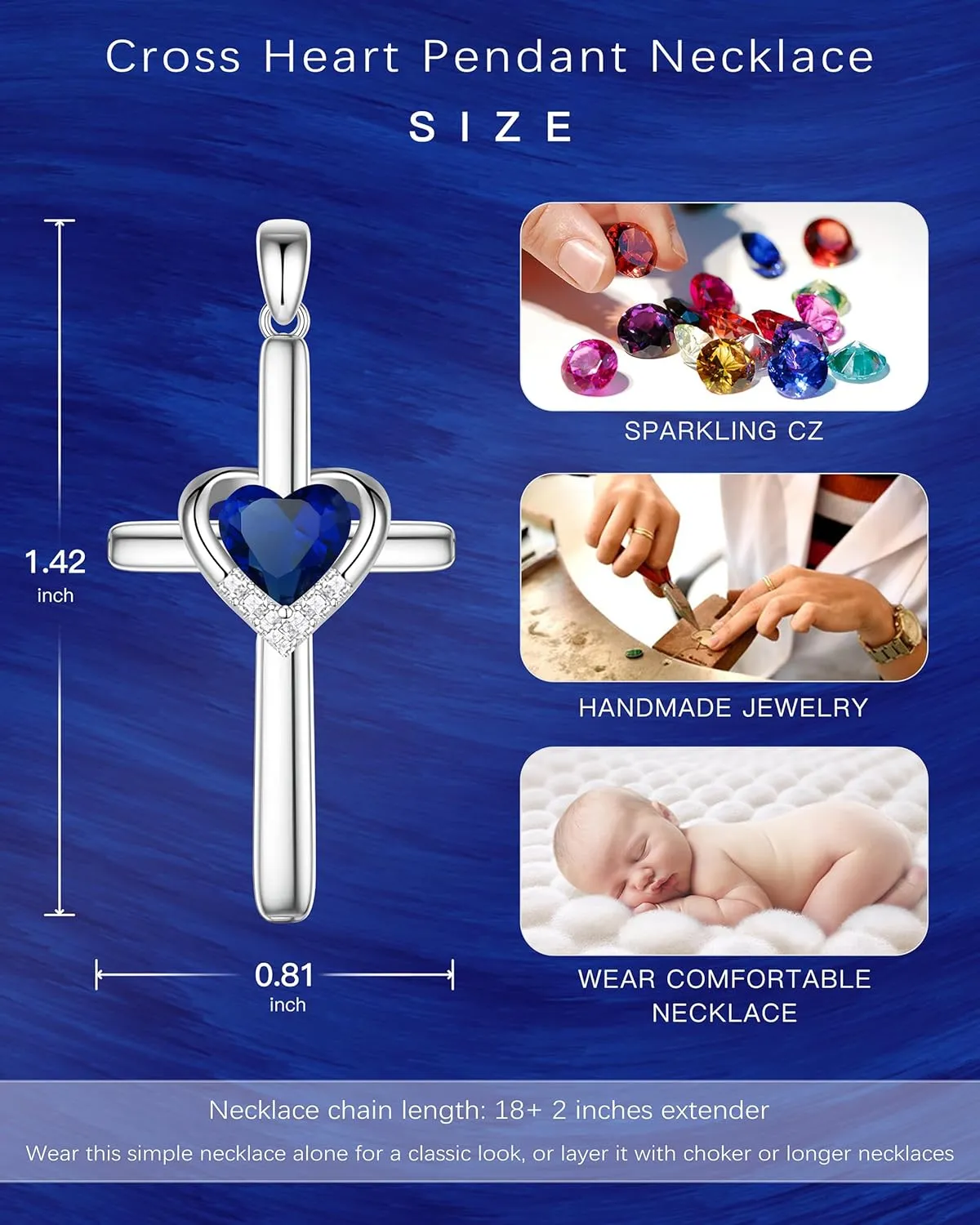 Cross Necklace with Genuine Heart Birthstone for Women, Love and Faith, Birthday Gifts for Her