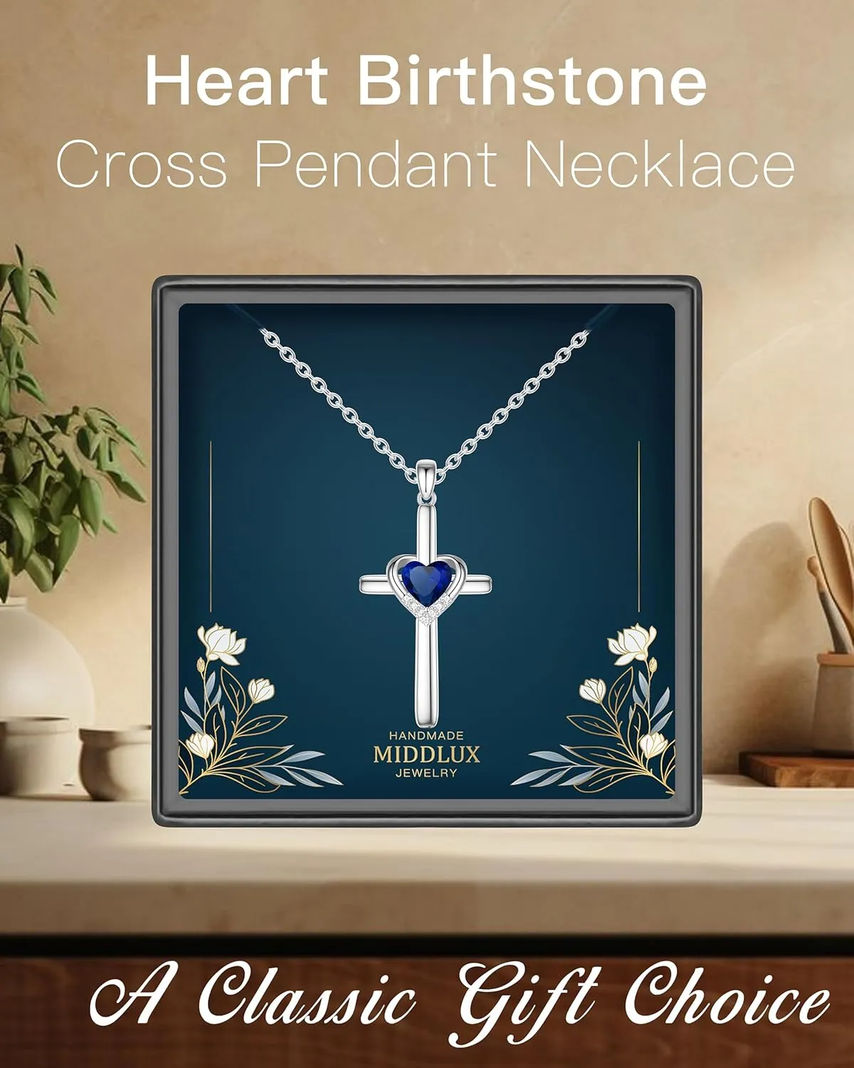 Cross Necklace with Genuine Heart Birthstone for Women, Love and Faith, Birthday Gifts for Her