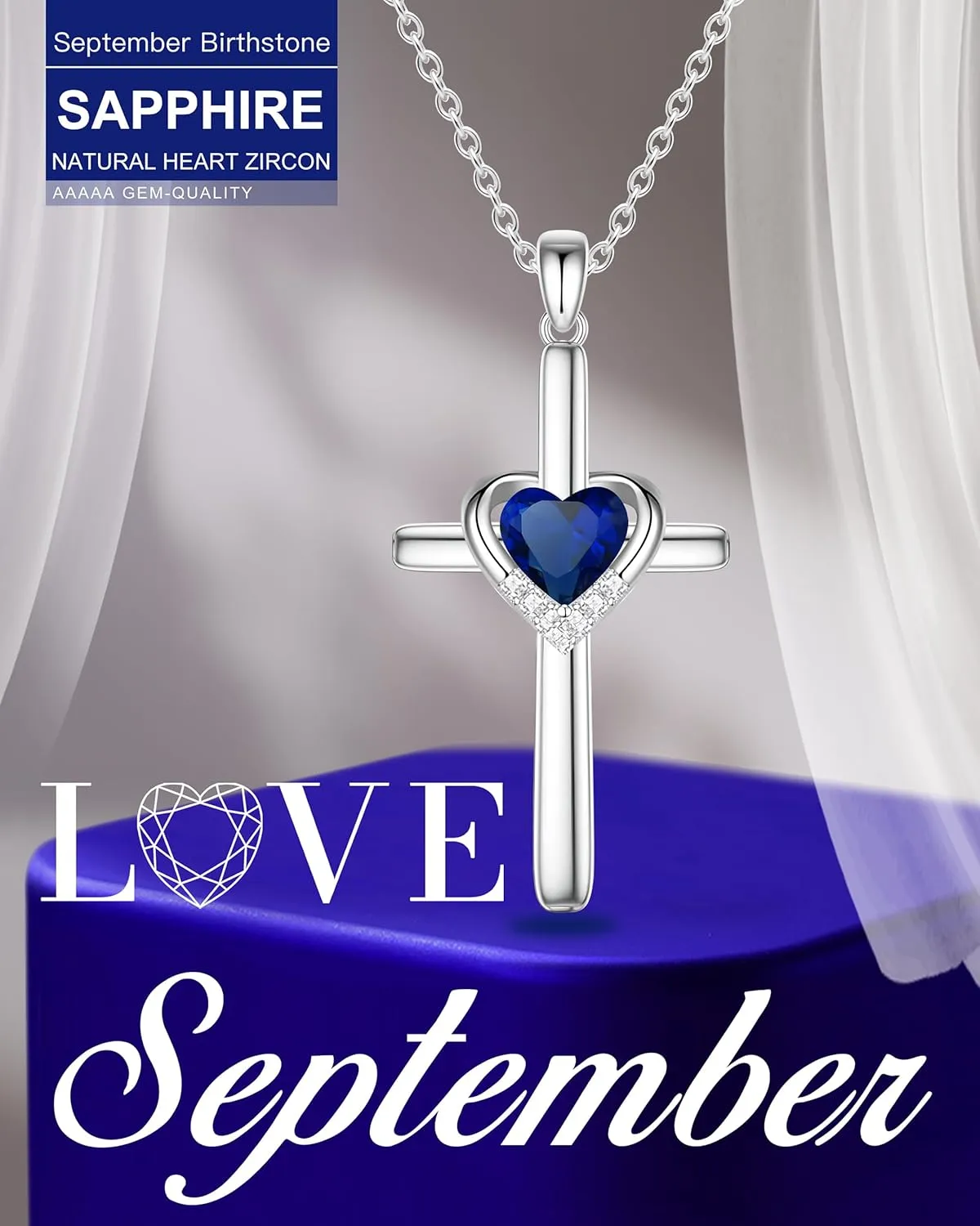 Cross Necklace with Genuine Heart Birthstone for Women, Love and Faith, Birthday Gifts for Her