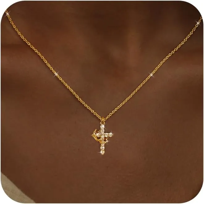 Cross Necklaces for Women Non Tarnish Dainty Gold/Silver/Rosegold Cubic Zirconia Pendant Necklace for Women Trendy Simple Gold/Silver Cross Charm Necklace Waterproof Jewelry for Women
