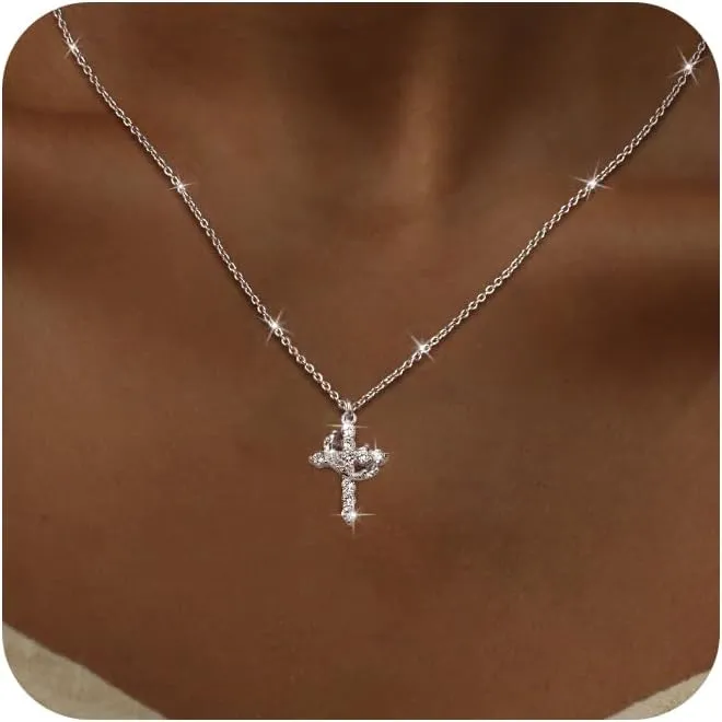 Cross Necklaces for Women Non Tarnish Dainty Gold/Silver/Rosegold Cubic Zirconia Pendant Necklace for Women Trendy Simple Gold/Silver Cross Charm Necklace Waterproof Jewelry for Women