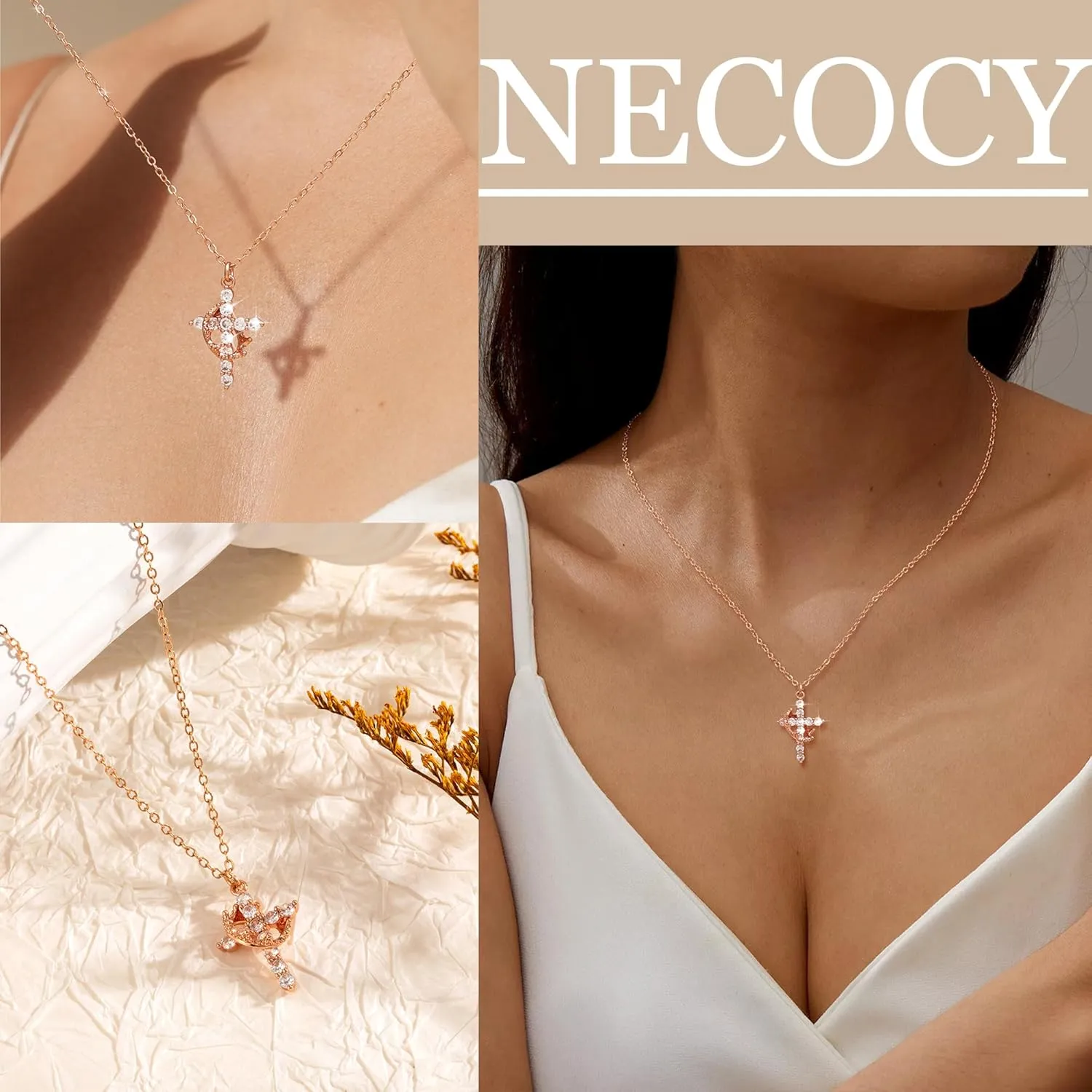 Cross Necklaces for Women Non Tarnish Dainty Gold/Silver/Rosegold Cubic Zirconia Pendant Necklace for Women Trendy Simple Gold/Silver Cross Charm Necklace Waterproof Jewelry for Women