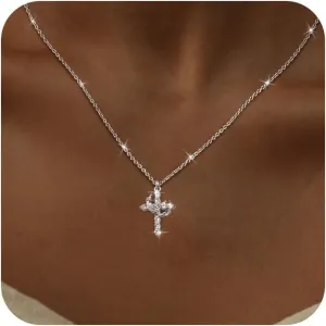 Cross Necklaces for Women Non Tarnish Dainty Gold/Silver/Rosegold Cubic Zirconia Pendant Necklace for Women Trendy Simple Gold/Silver Cross Charm Necklace Waterproof Jewelry for Women
