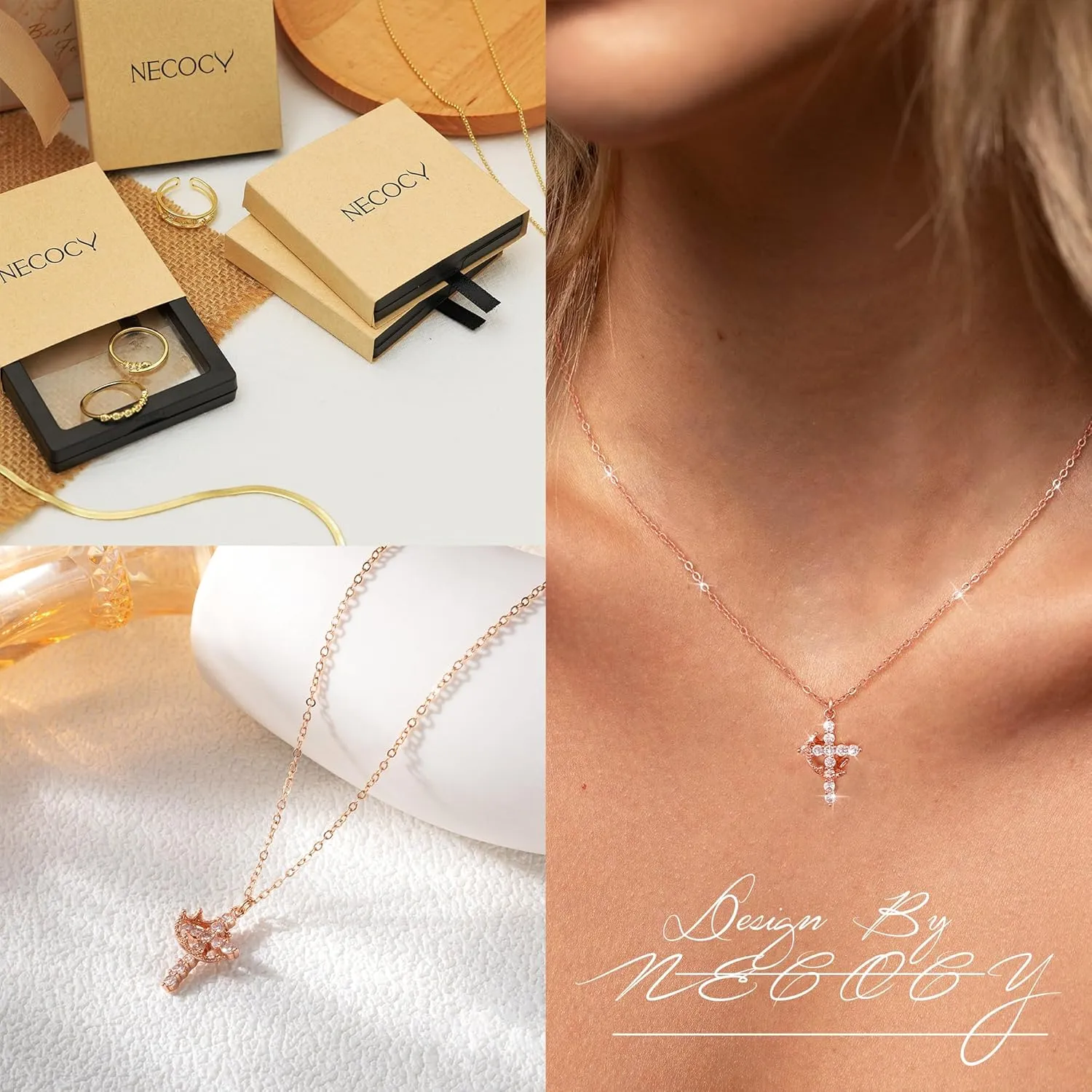 Cross Necklaces for Women Non Tarnish Dainty Gold/Silver/Rosegold Cubic Zirconia Pendant Necklace for Women Trendy Simple Gold/Silver Cross Charm Necklace Waterproof Jewelry for Women