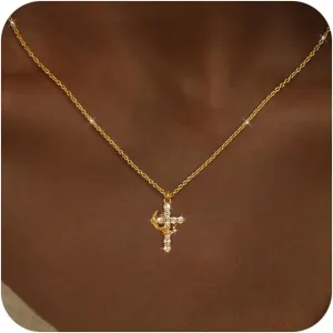 Cross Necklaces for Women Non Tarnish Dainty Gold/Silver/Rosegold Cubic Zirconia Pendant Necklace for Women Trendy Simple Gold/Silver Cross Charm Necklace Waterproof Jewelry for Women
