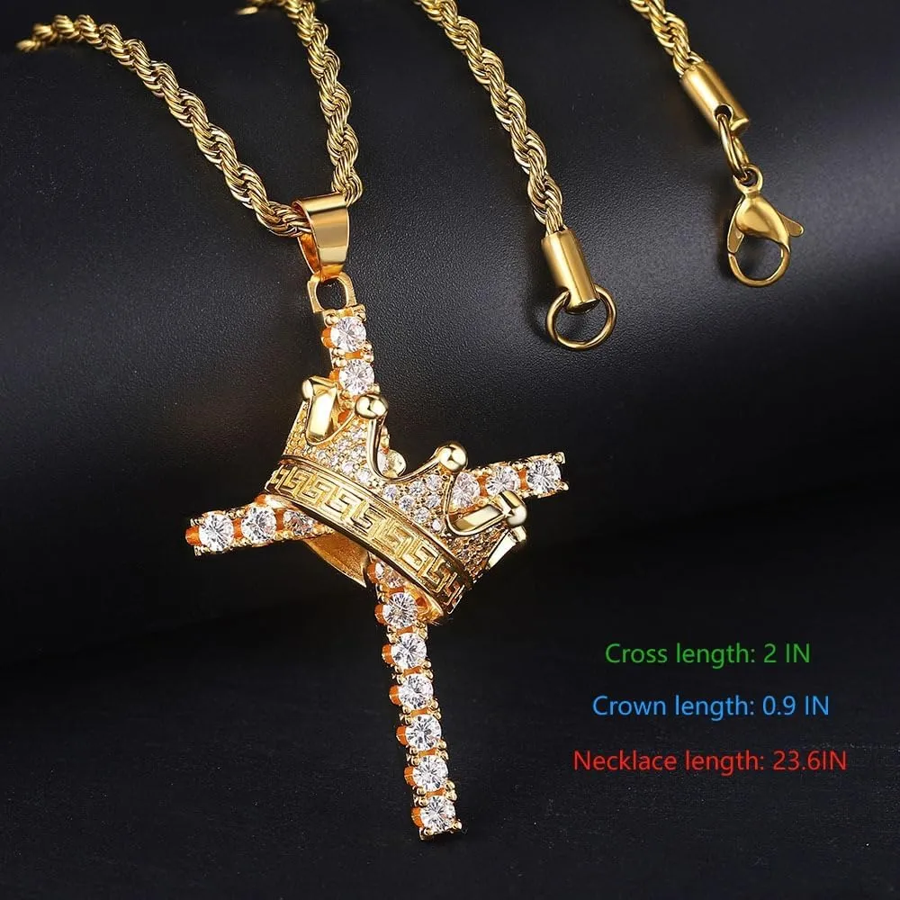 Crown Cross Necklace for Men/Women - Pendant With Rhinestone Crown