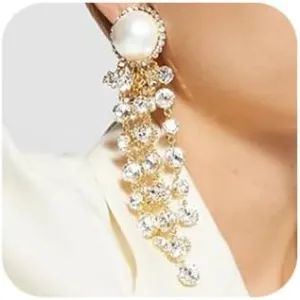Crystal Rhinestones Vintage Big Pearls Tassels earrings Elegant for Women