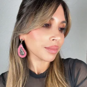 Curved Teardrop Leather & Crystal Drop Earrings