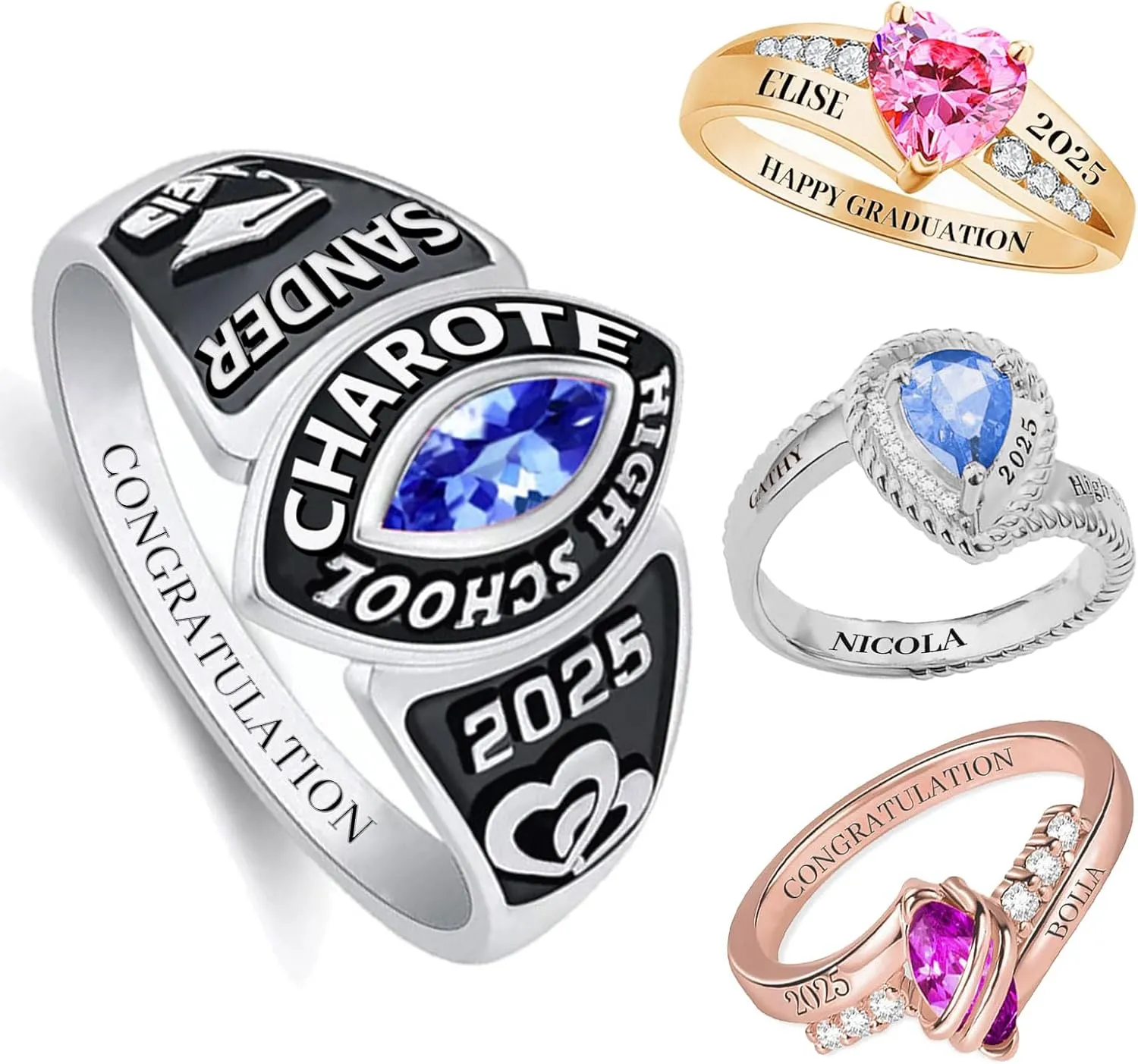 Custom Class Rings for Women High School Personalized 2025 Sterling Silver Graduation Ring with Customized Name Birthstone for Her Grad University College School Friends Daughter Women