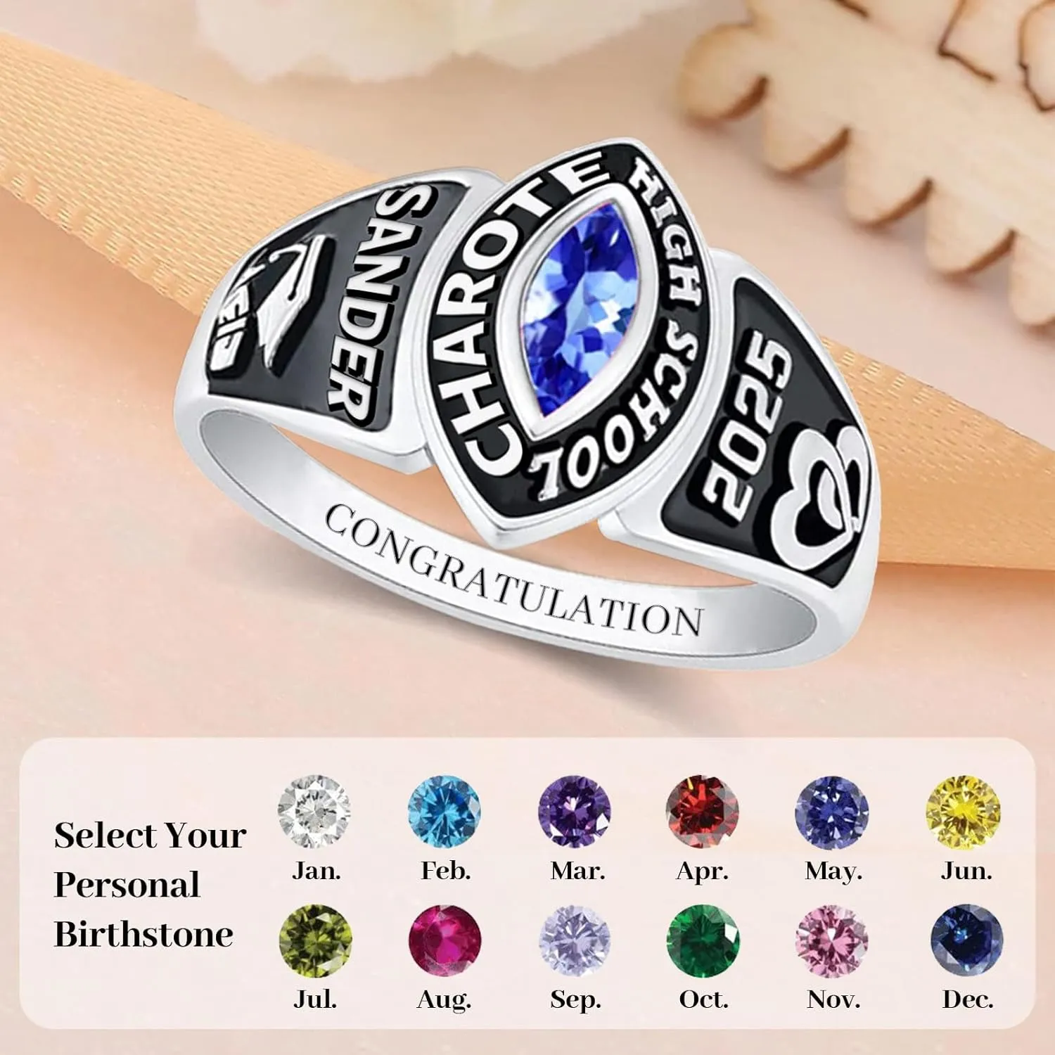 Custom Class Rings for Women High School Personalized 2025 Sterling Silver Graduation Ring with Customized Name Birthstone for Her Grad University College School Friends Daughter Women