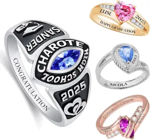 Custom Class Rings for Women High School Personalized 2025 Sterling Silver Graduation Ring with Customized Name Birthstone for Her Grad University College School Friends Daughter Women