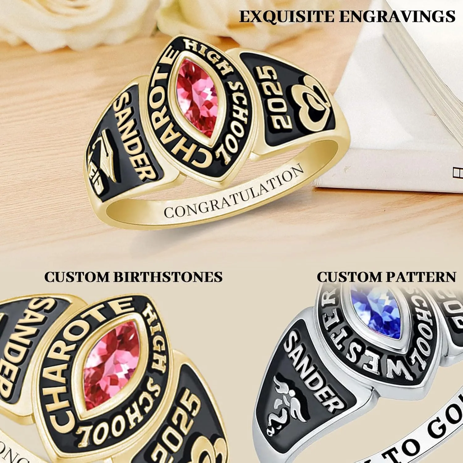 Custom Class Rings for Women High School Personalized 2025 Sterling Silver Graduation Ring with Customized Name Birthstone for Her Grad University College School Friends Daughter Women