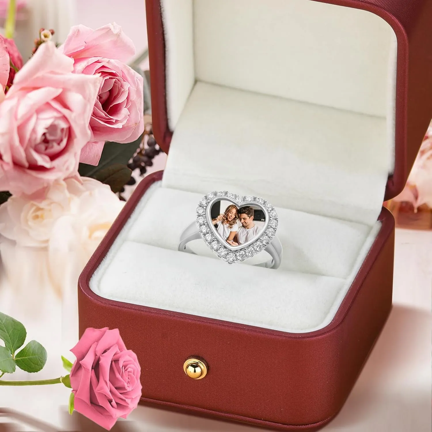 Custom Photo Ring Couple Picture Ring for Women Personalized Birthstone Promise Rings for Her Valentine's Day Anniversary Jewelry Gift for Her