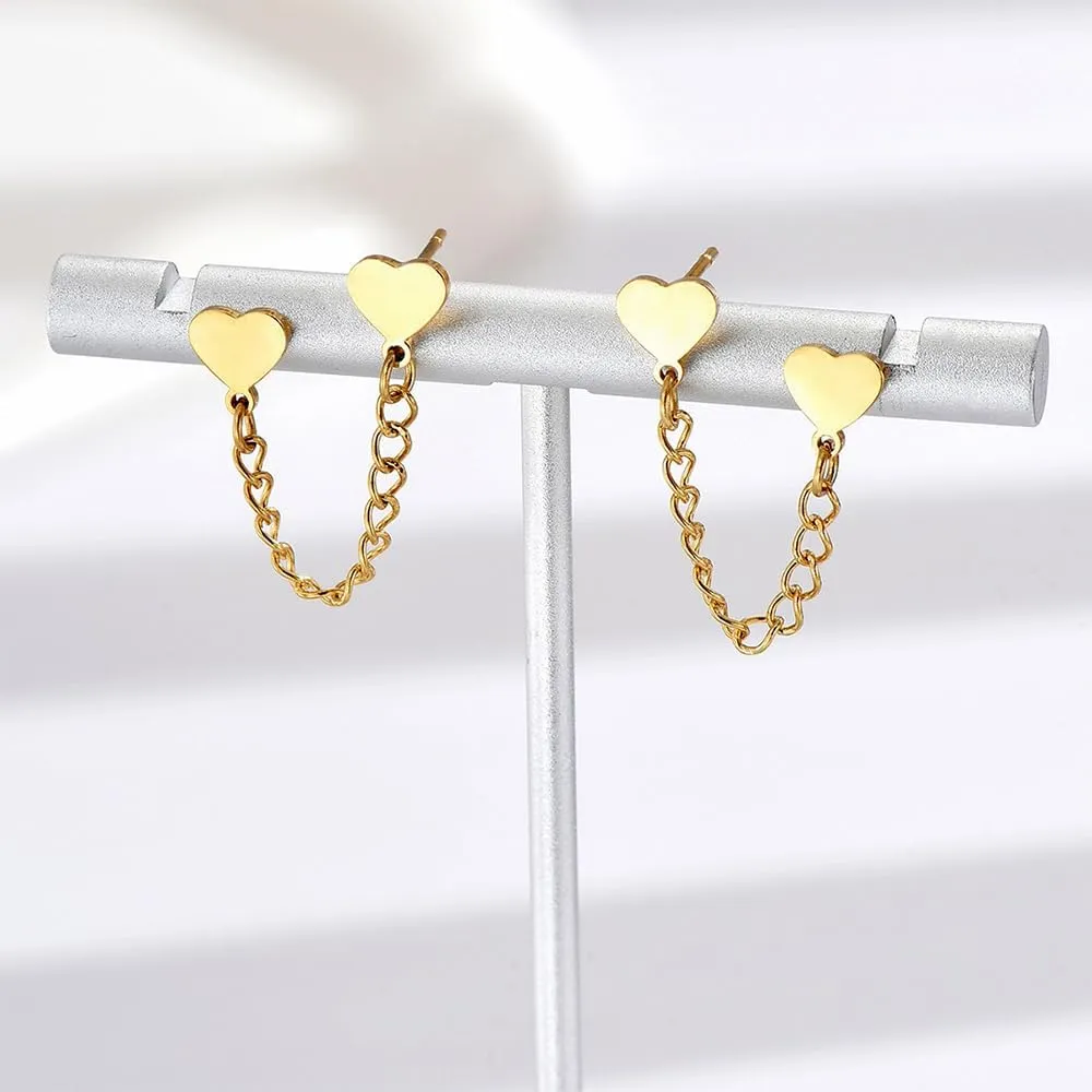 Cute Heart Love Double Piercing Huggie Stud With Short Chain Cuff Stainless Steel Earrings for Women Cartilage Two Holes Fashion Chic Minimalist Dangle Drop Hypoallergenic Gifts
