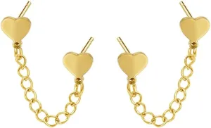 Cute Heart Love Double Piercing Huggie Stud With Short Chain Cuff Stainless Steel Earrings for Women Cartilage Two Holes Fashion Chic Minimalist Dangle Drop Hypoallergenic Gifts