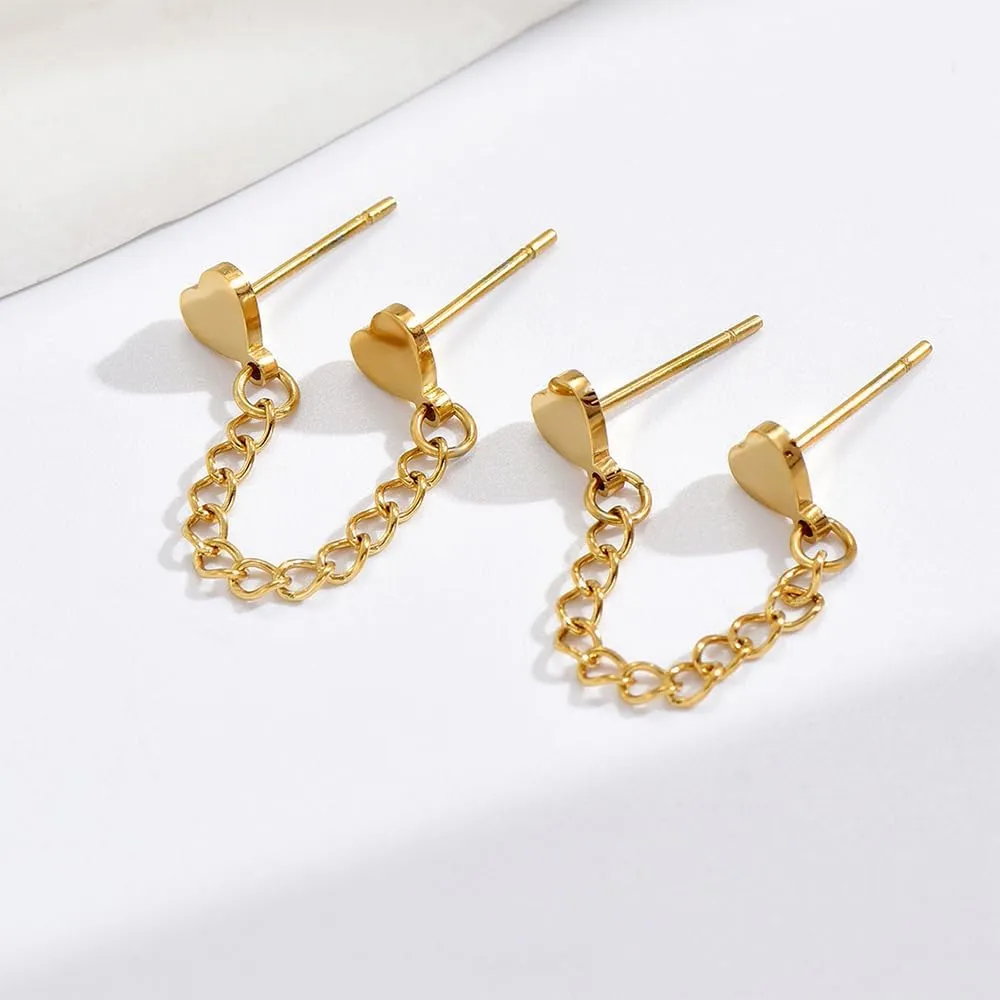 Cute Heart Love Double Piercing Huggie Stud With Short Chain Cuff Stainless Steel Earrings for Women Cartilage Two Holes Fashion Chic Minimalist Dangle Drop Hypoallergenic Gifts